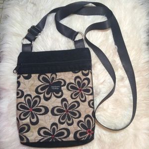 Madison Handbags black suede and floral brocade crossbody bag